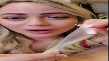 delicious busty MILF swallowing cock and cum