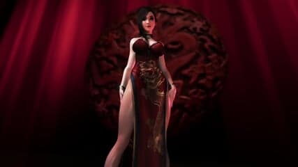 Sexy oiled Tifa Lockhart in revealing red dress shamelessly dancing pantyless