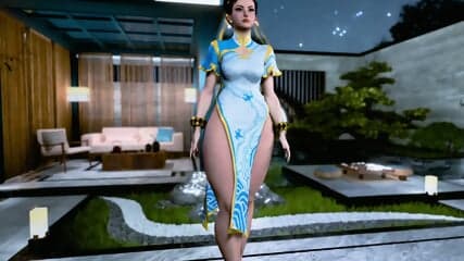 Thick enticing Chun Li poses solo in a revealing dress without panties