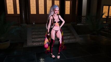 Proud lustful Duckie dances at night in revealing traditional clothe