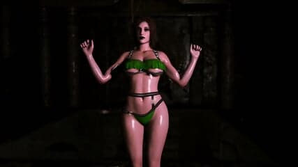 Busty doppelganger Lara Croft in sexy bikini show off oiled body in cave