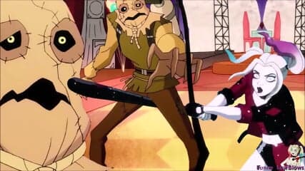 scarecrow BALLBUSTING Harley Quinn bat swing in the balls