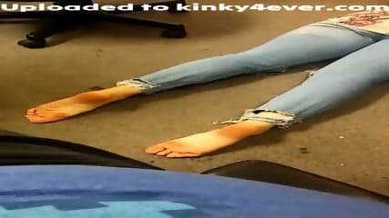 Dark Haired Woman In Blue Jeans Poses Barefoot On The Floor  Kinky4Ever
