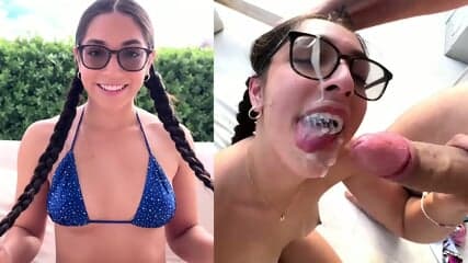 2 Cocks Shoot Cum All Over Her Glasses