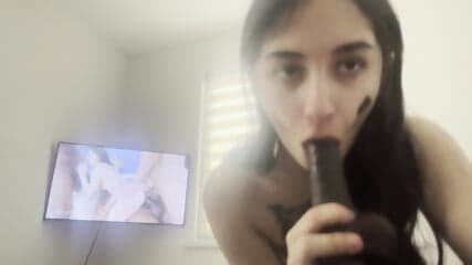 QOS Plays With Her BBC Dildo Watching Interracial Porn