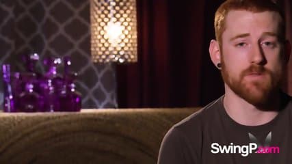 Swinger ladies share a guy in the Red Orgy Room. They play and suck his cock at the same time.