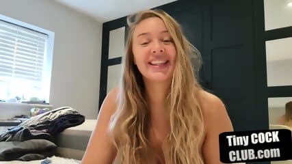 Dirty talking blonde babe with big tits laughs to small cock